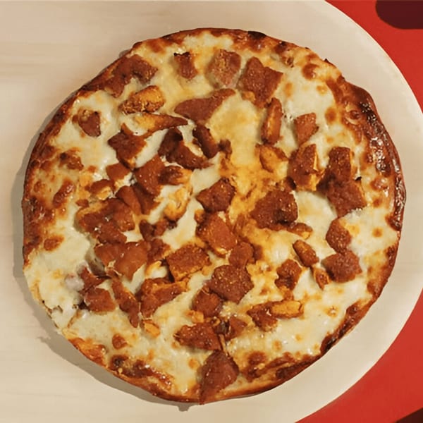 Joey's Pizza: A whole pizza with melted cheese and crispy brown toppings on a white plate.