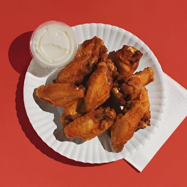 Golden-brown chicken wings and a container of dipping sauce on a white paper plate.
