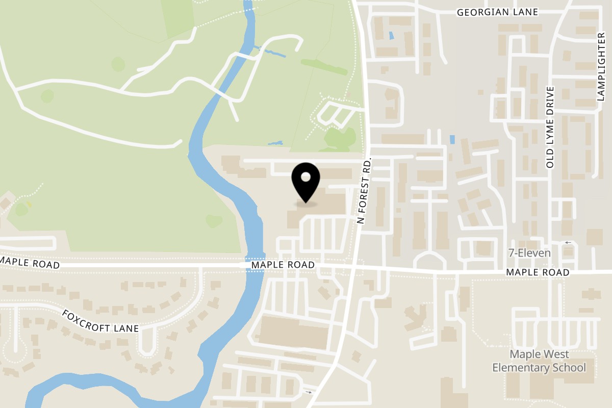 Map showing the location of Joey's Pizza Maple Road on 712 Maple Rd in Buffalo